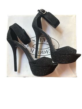 Steve Madden Black Rhinestone Crystal Platform High Heel Sandals Glam Y2K Party